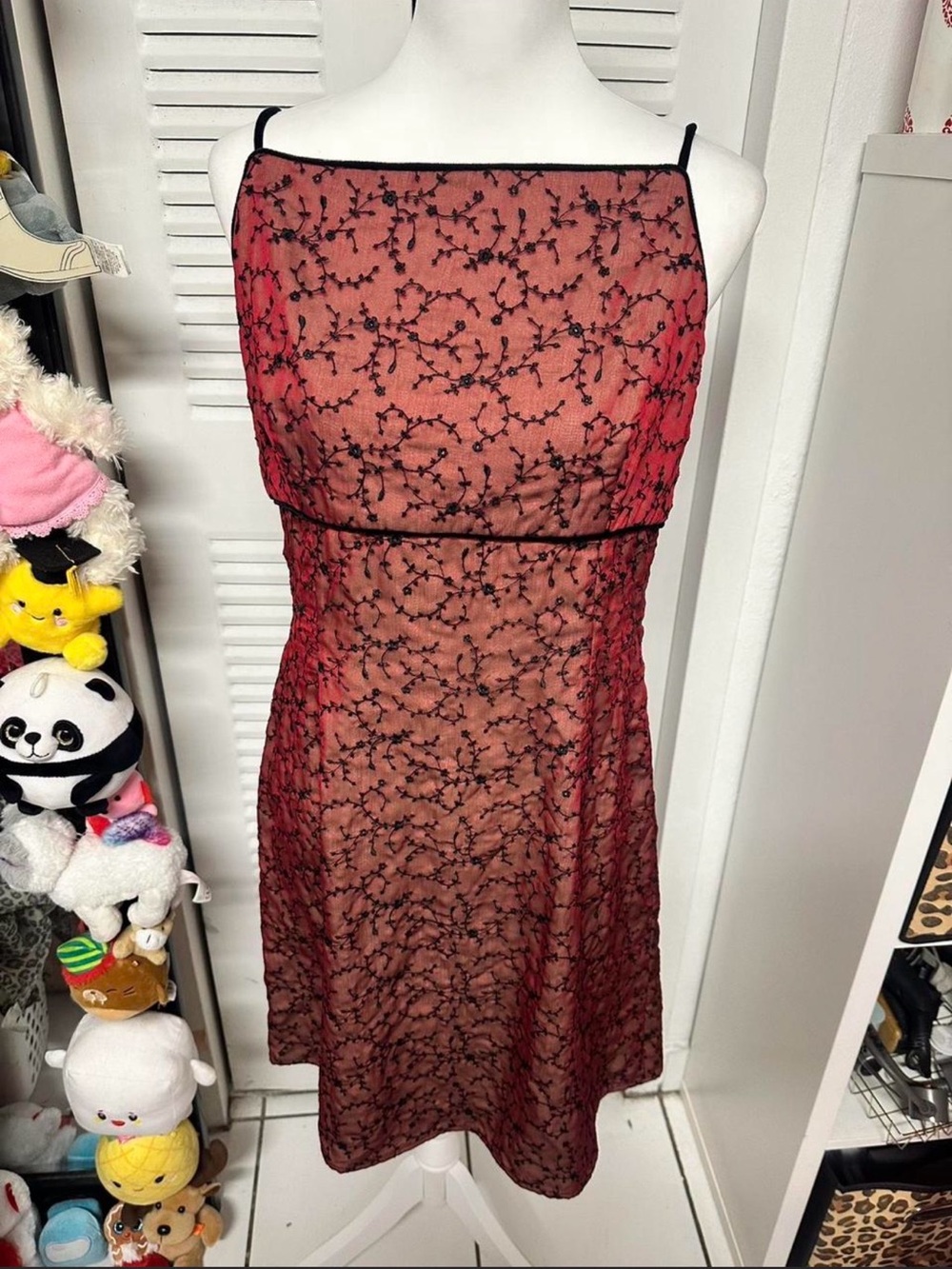Sheer Black-Embroidered Red Dress